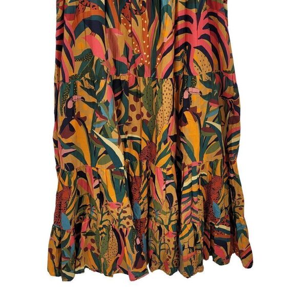 Farm Rio Anthropologie Dress Crochet Tiered Ruffle Midi Colorful Tiger Tropic L - Picture 12 of 16